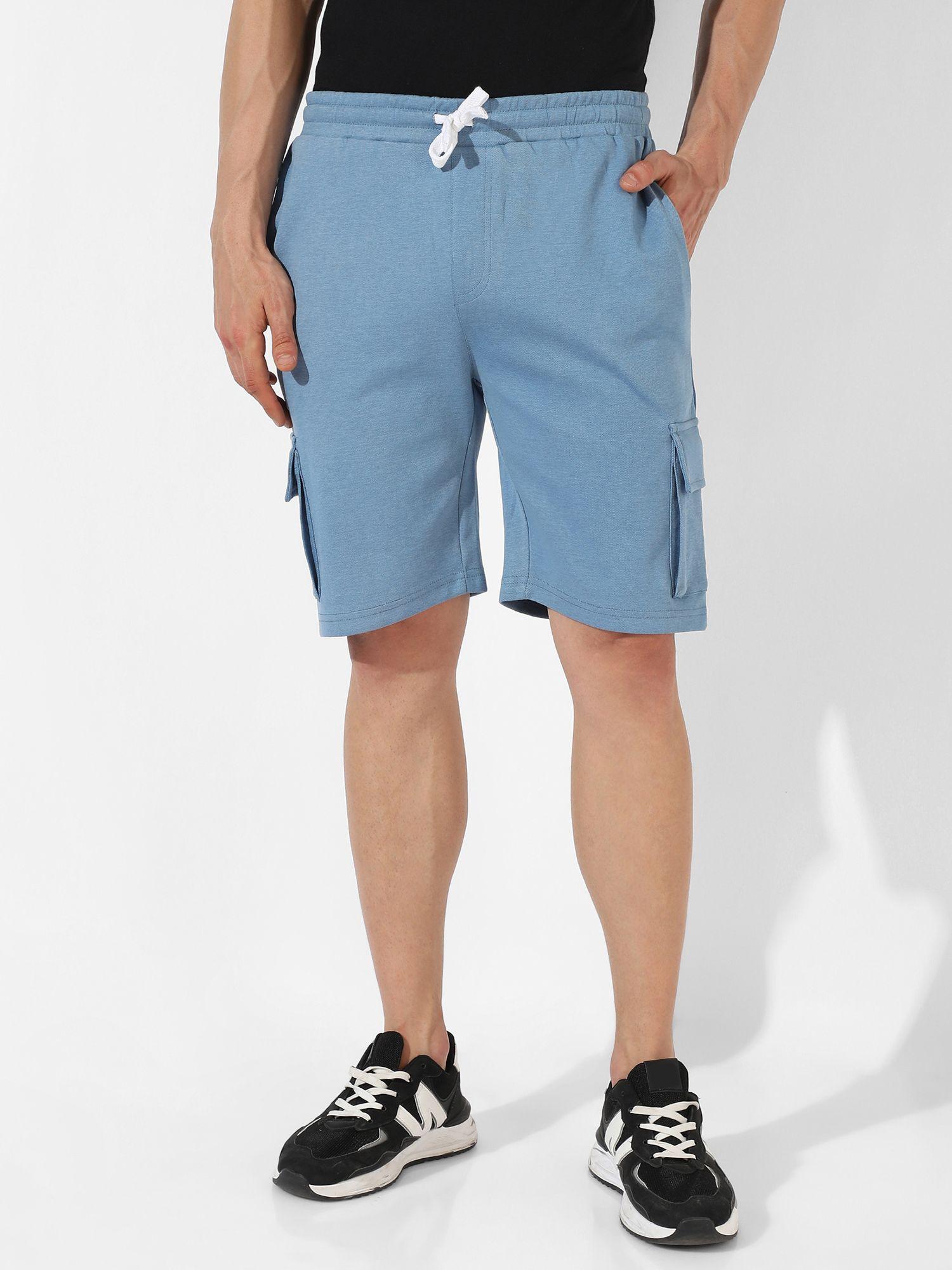 men solid blue regular fit casual shorts