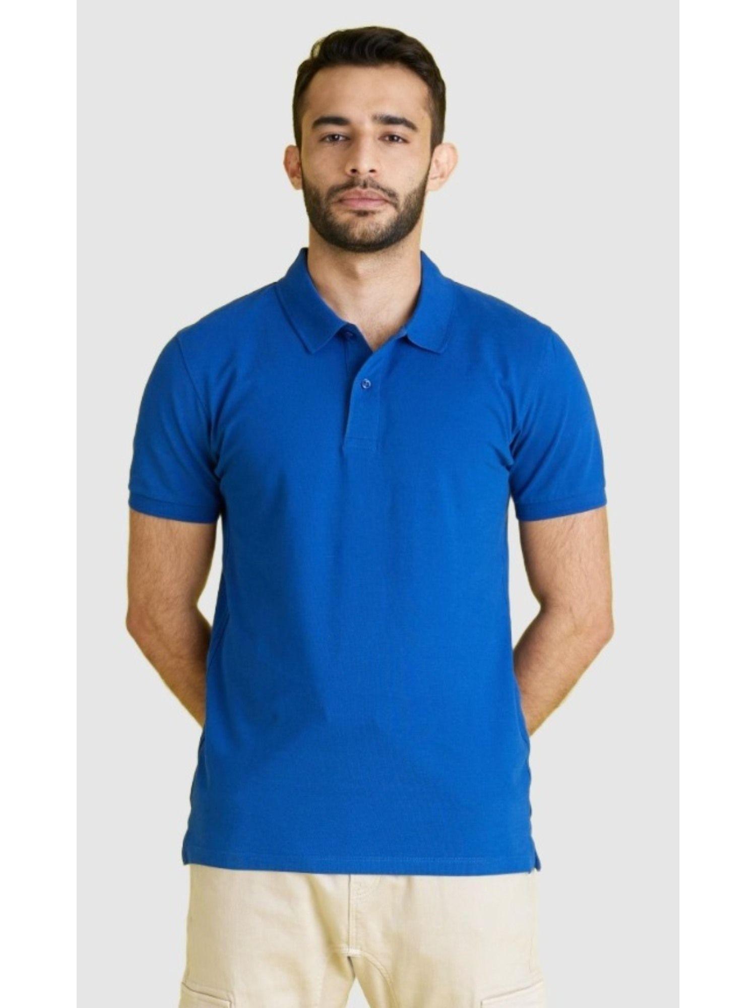 men solid blue short sleeve polo