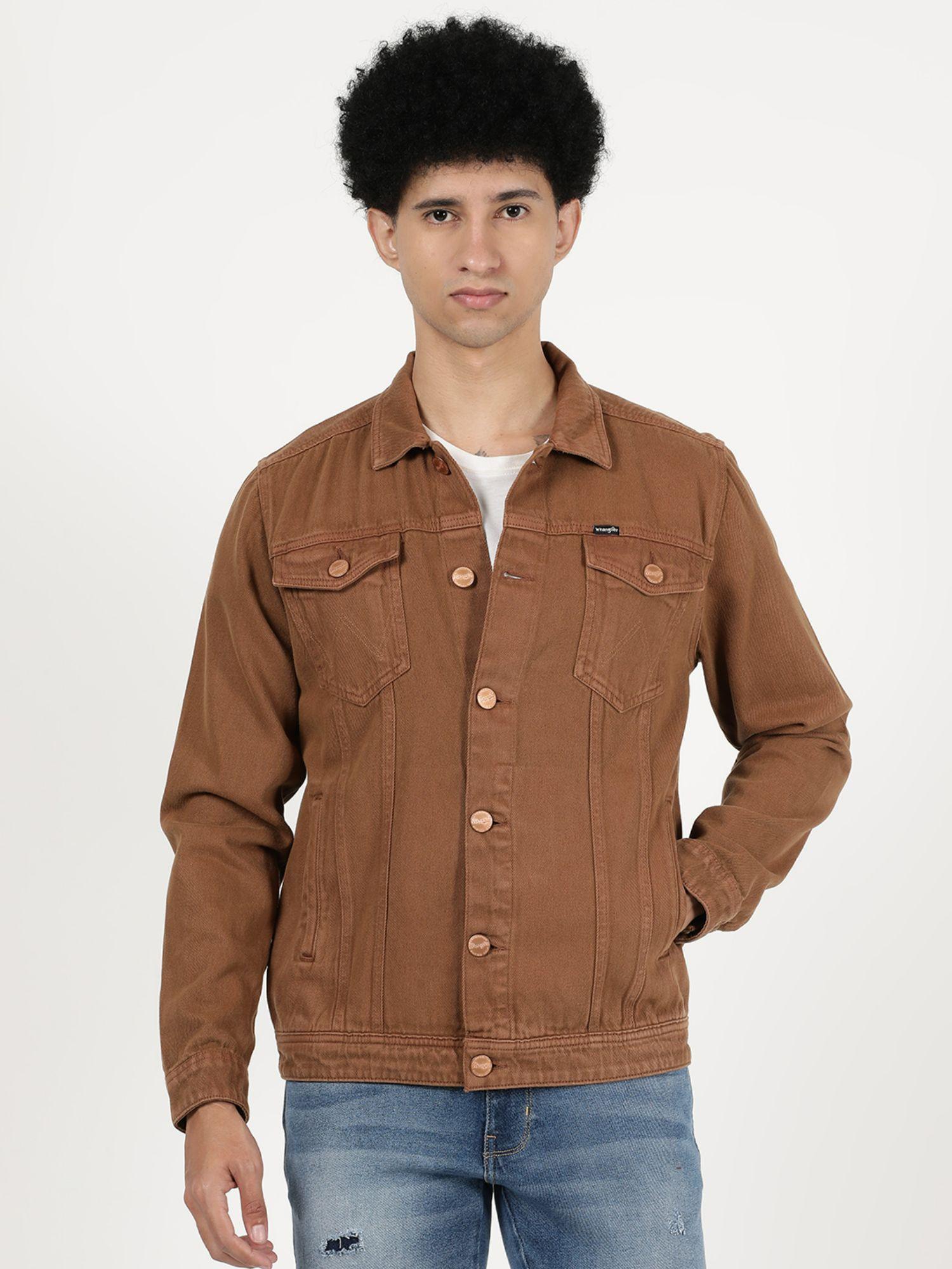 men solid brown jacket (regular)