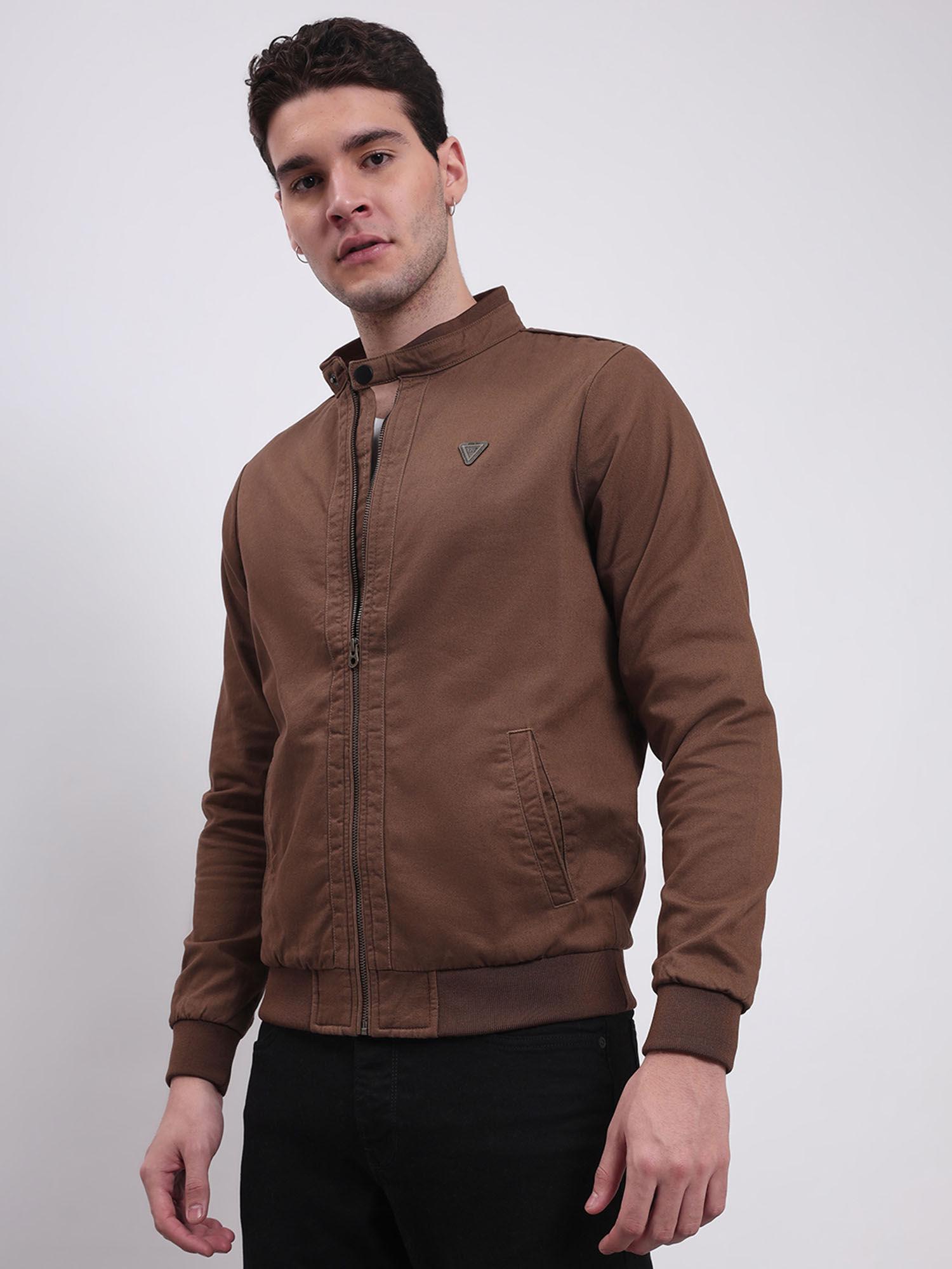 men solid brown regular fit jacket