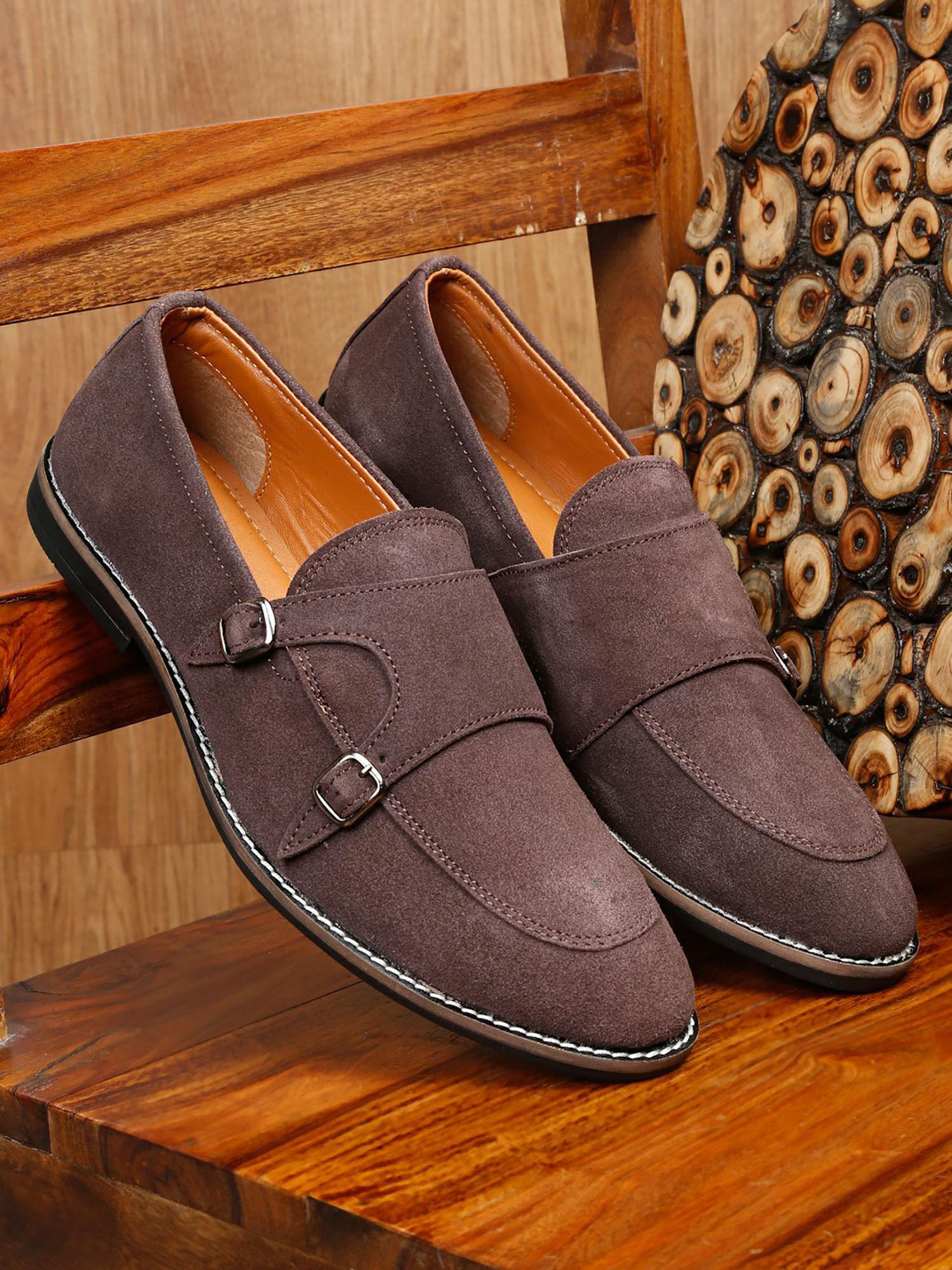 men solid brown round toe monks