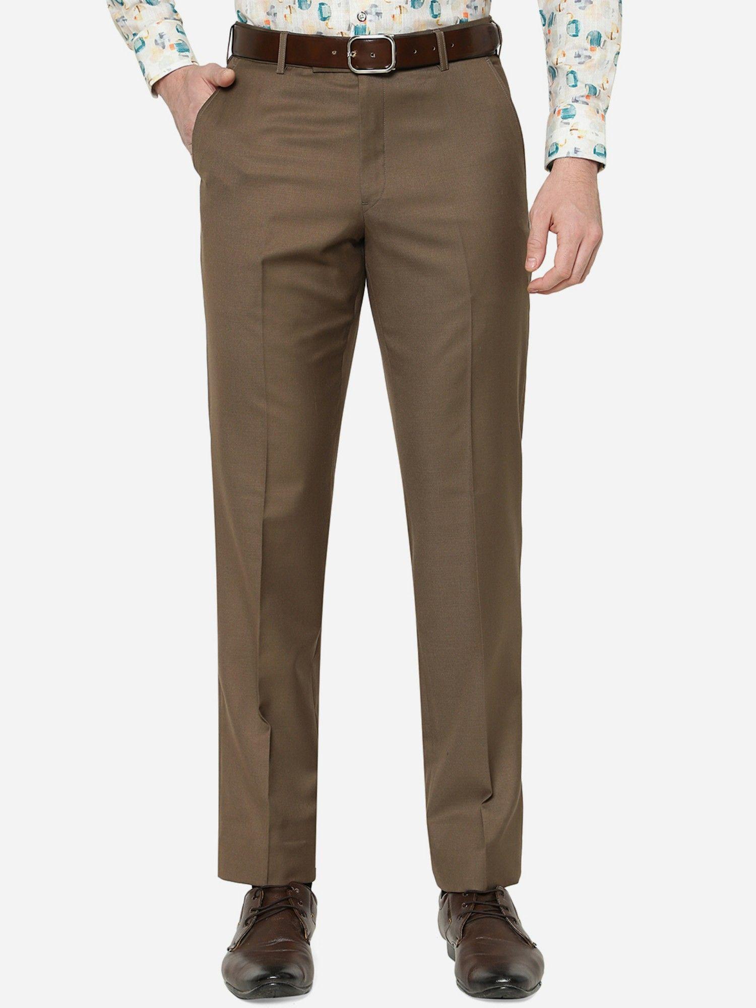 men solid brown terry rayon classic fit formal trouser
