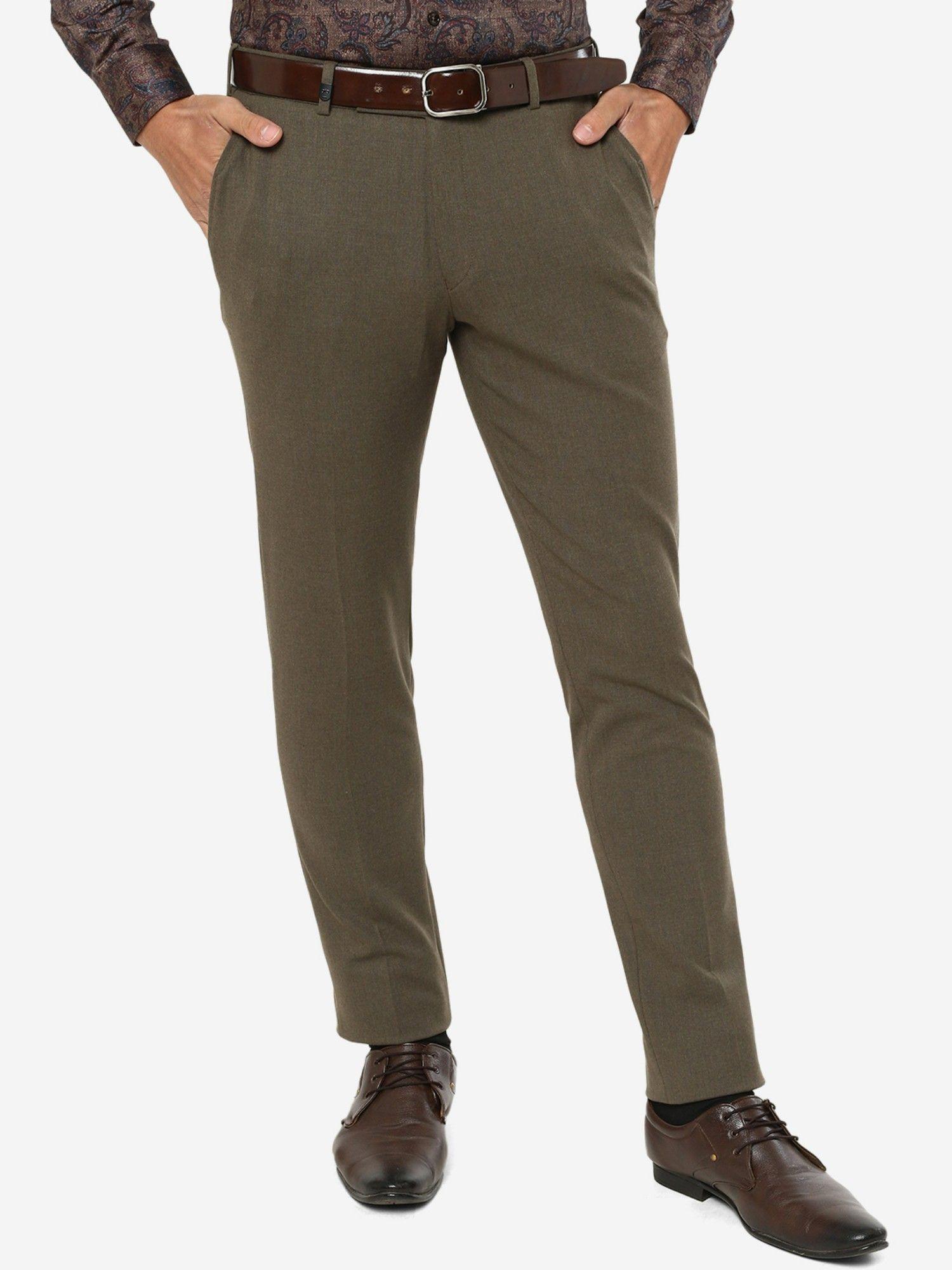 men solid brown terry rayon super slim fit formal trouser