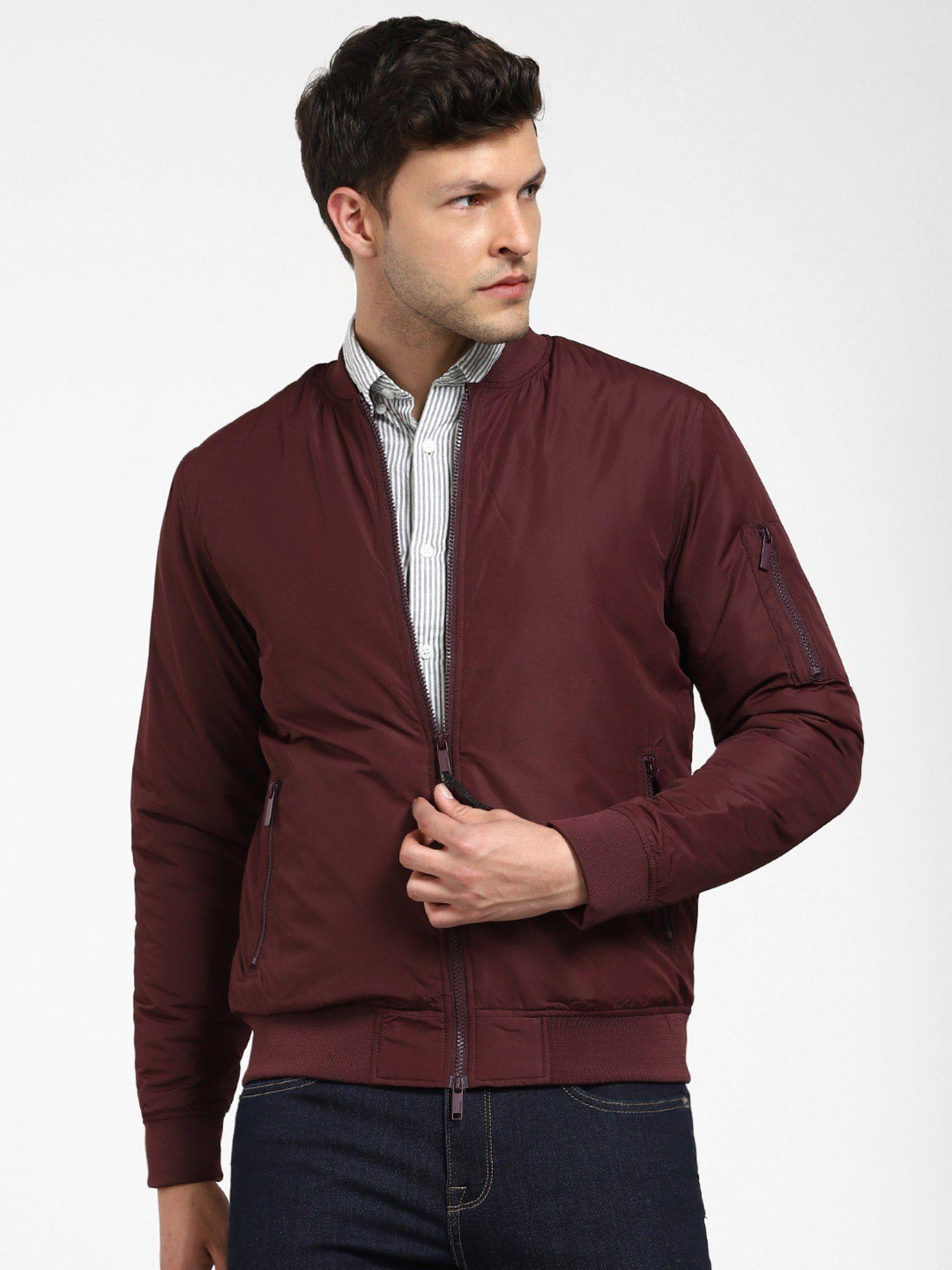 men solid casual maroon jacket