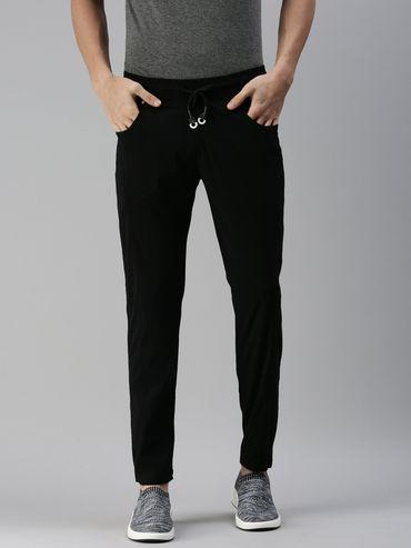 men solid cotton black regular fit track pants