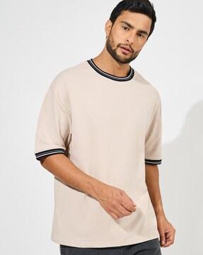 men solid cotton terry ringer t-shirt with contrast rib neck detail