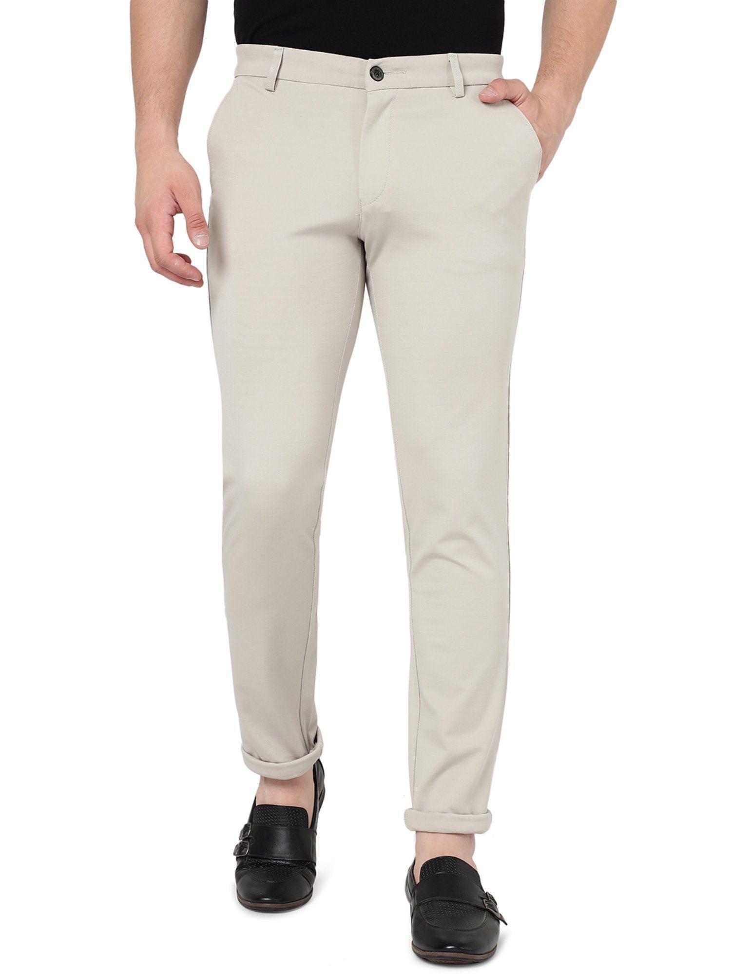 men solid cream cotton stretch venice fit casual trouser