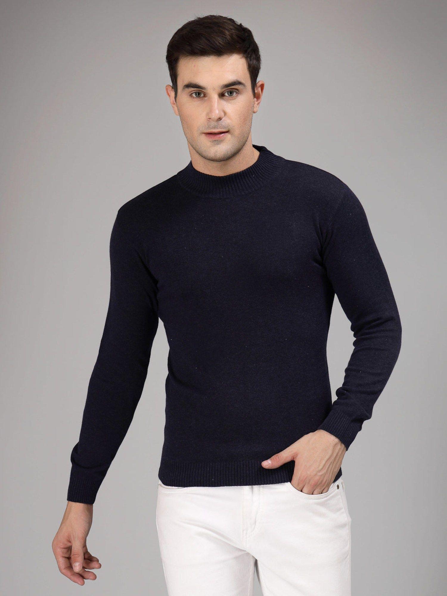 men solid dark blue knitted regular sweater