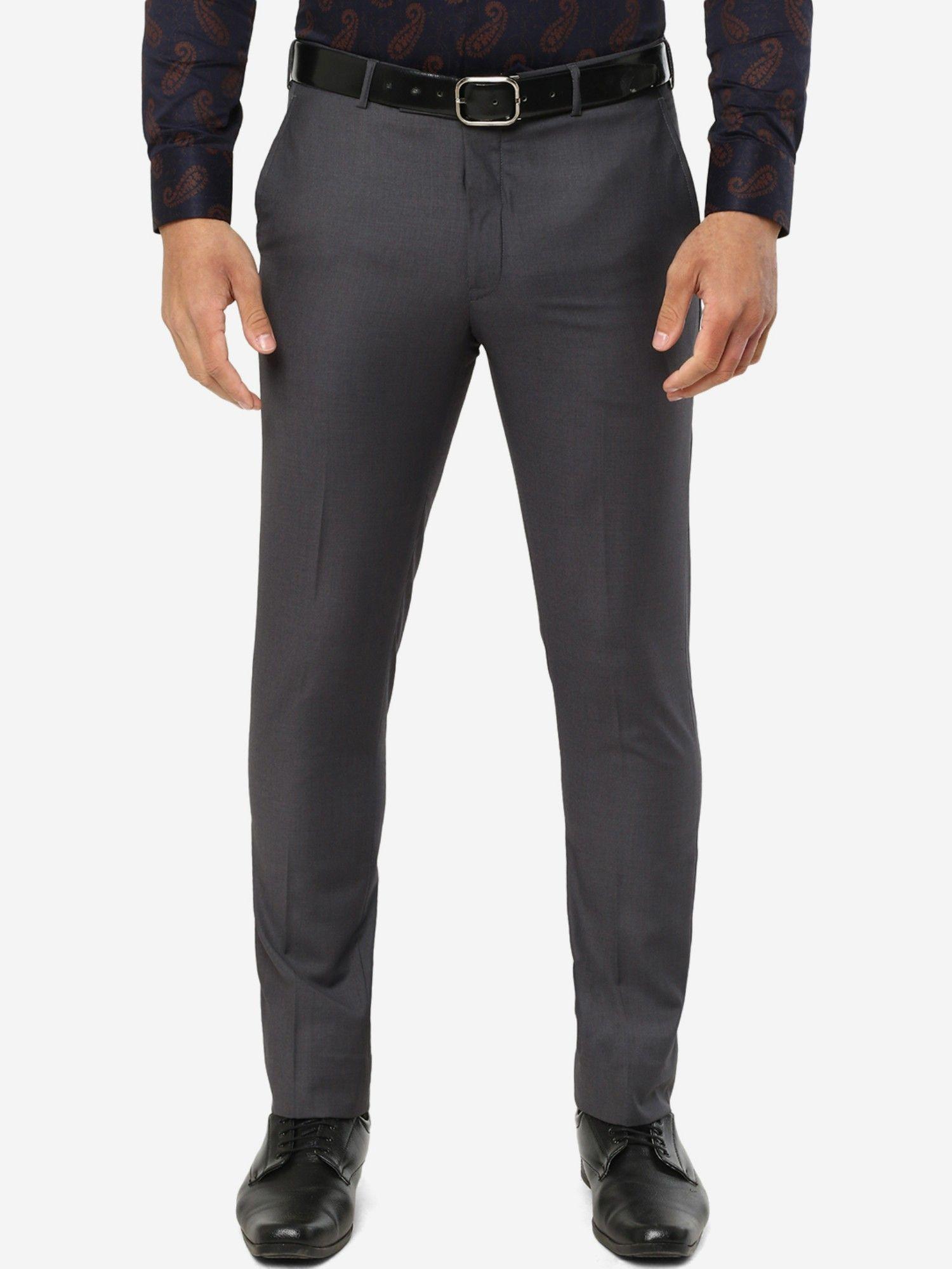 men solid dark grey terry rayon slim fit formal trouser