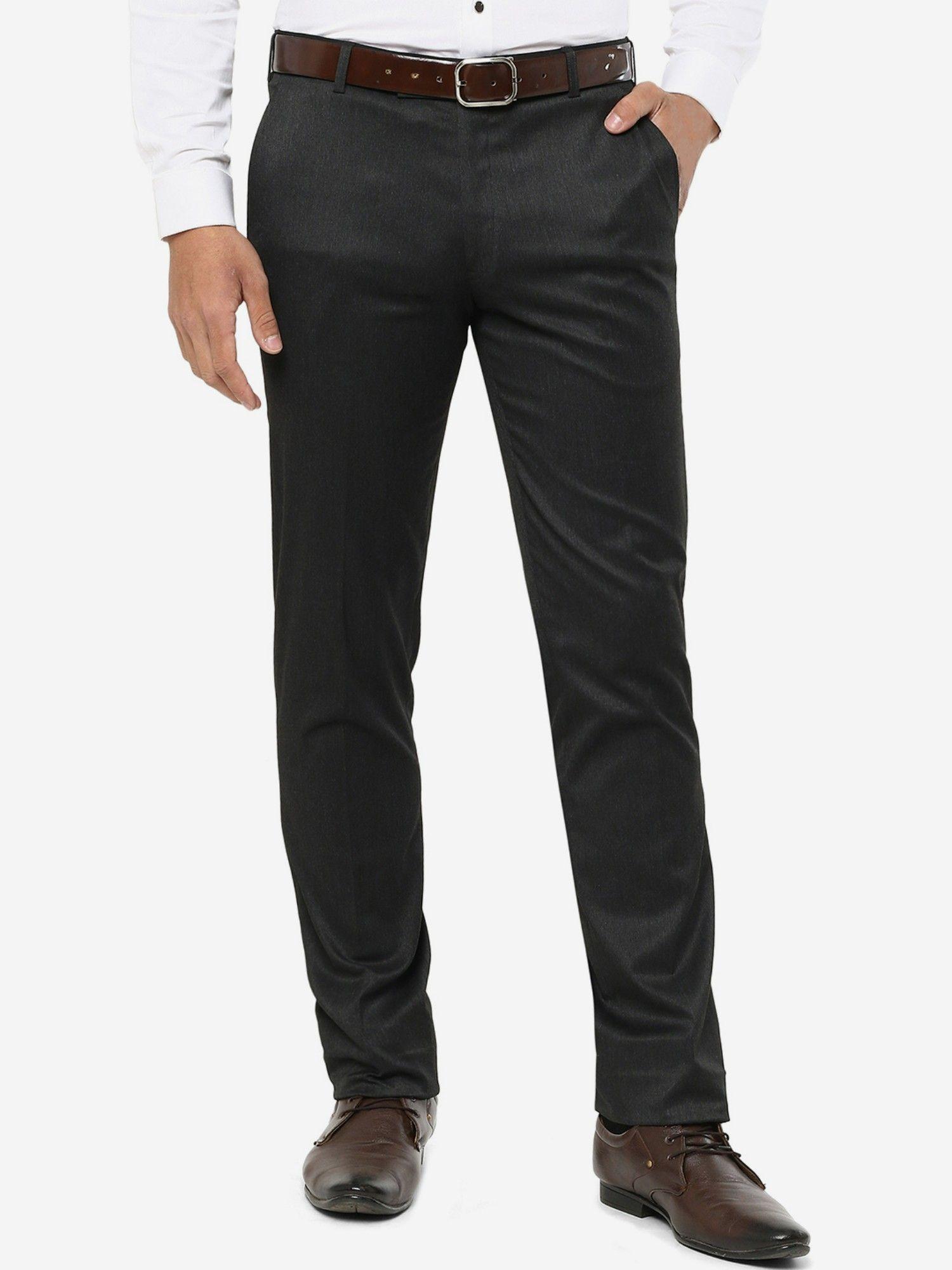 men solid grey terry rayon slim fit formal trouser