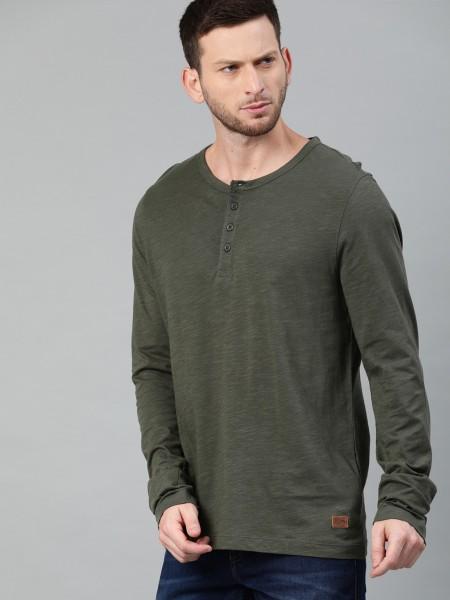 men solid henley neck pure cotton dark green t-shirt