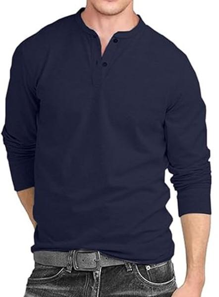 men solid henley neck pure cotton navy blue t-shirt