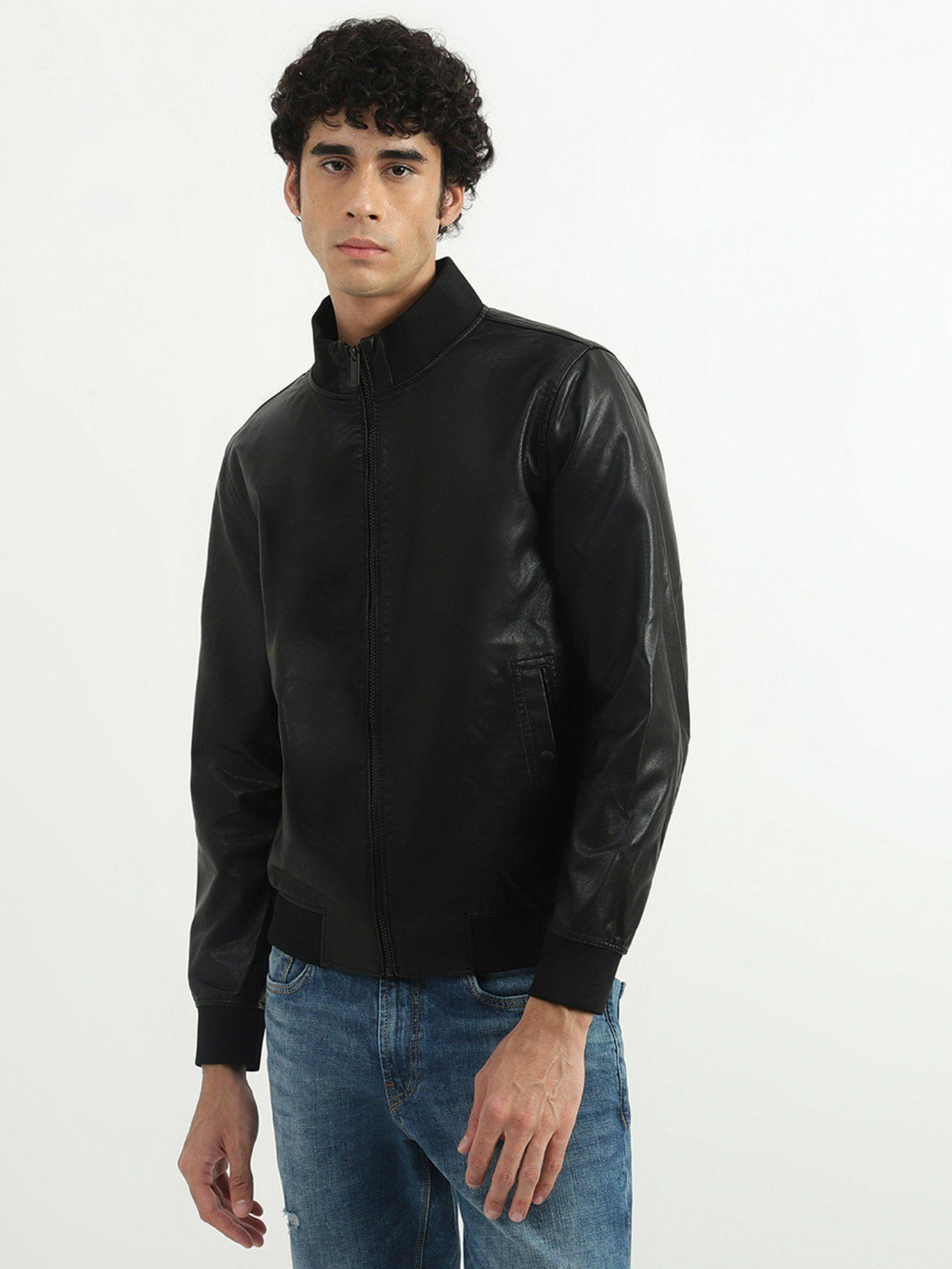 men solid high neck jacket black