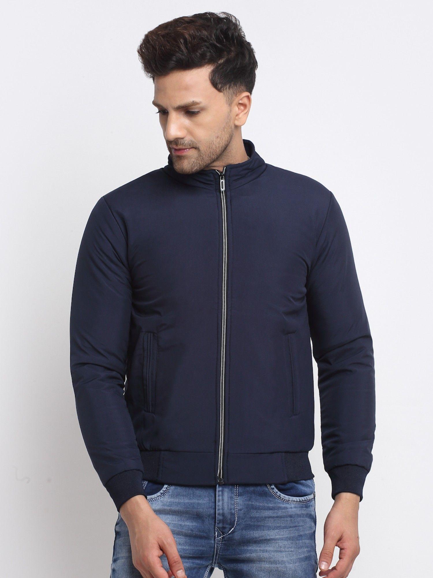 men solid high neck jacket