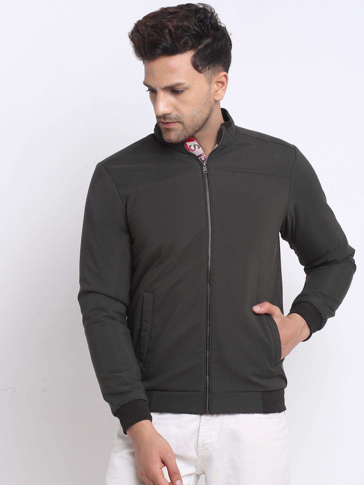 men solid high neck jacket