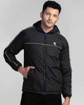 men solid hooded jacket with zip front