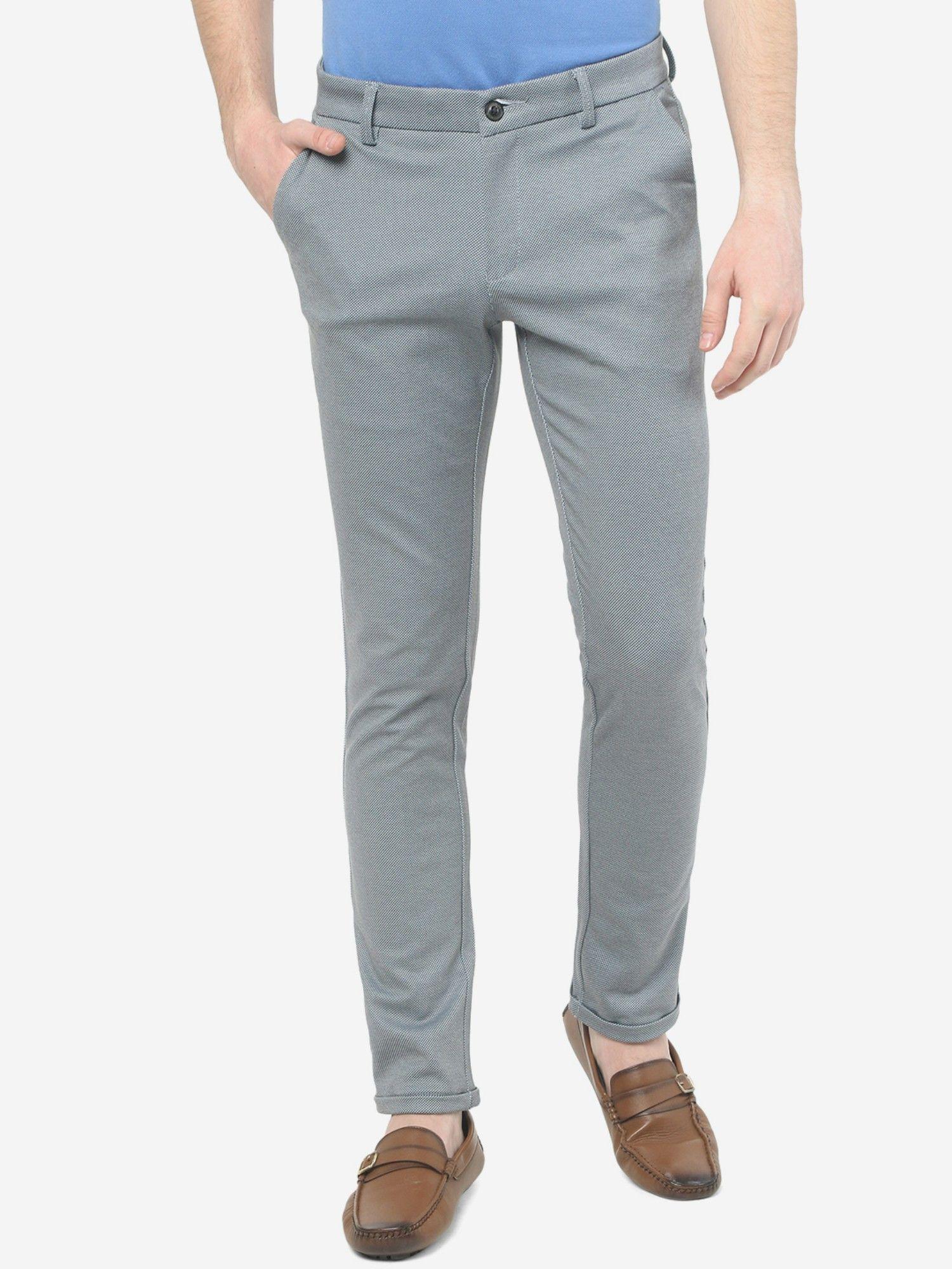 men solid light grey cotton blend casual trouser