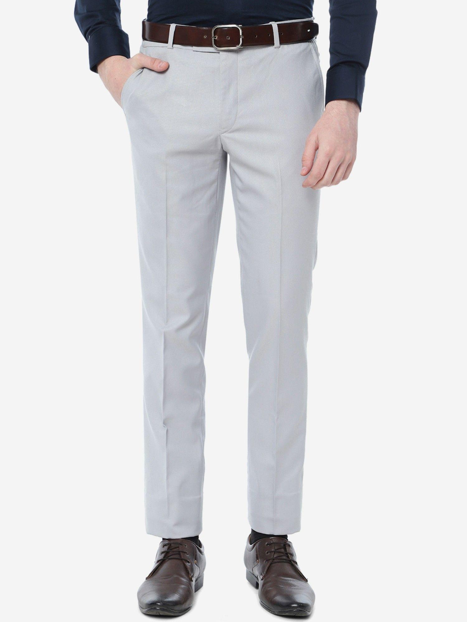 men solid light grey terry rayon slim fit formal trouser