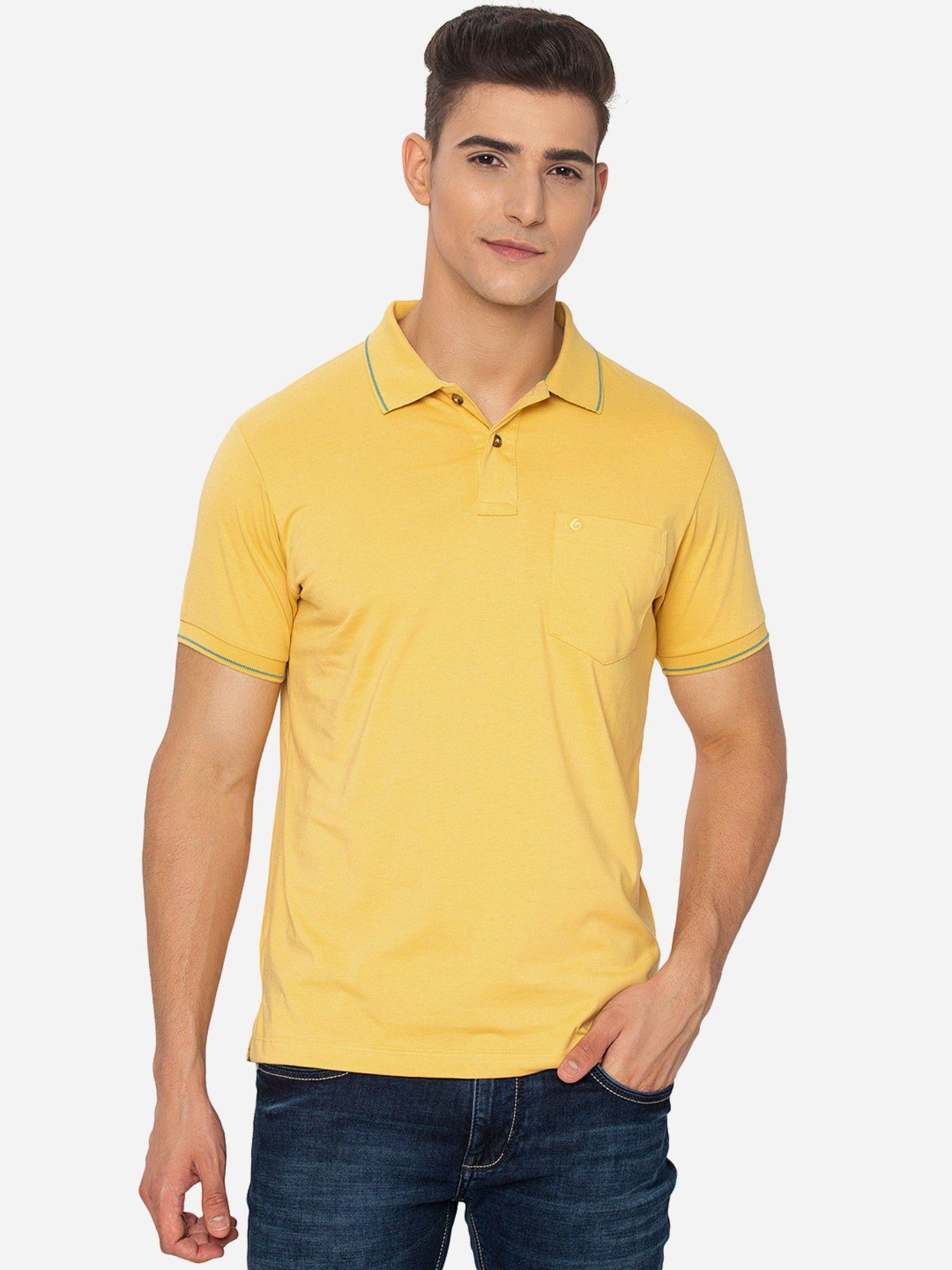 men solid light yellow cotton blend slim fit polo t-shirt