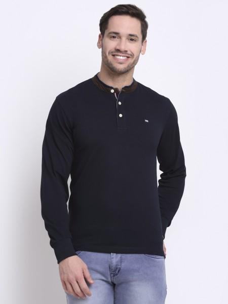 men solid mandarin collar cotton blend navy blue t-shirt