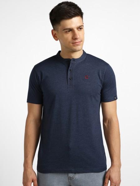 men solid mandarin collar pure cotton navy blue t-shirt