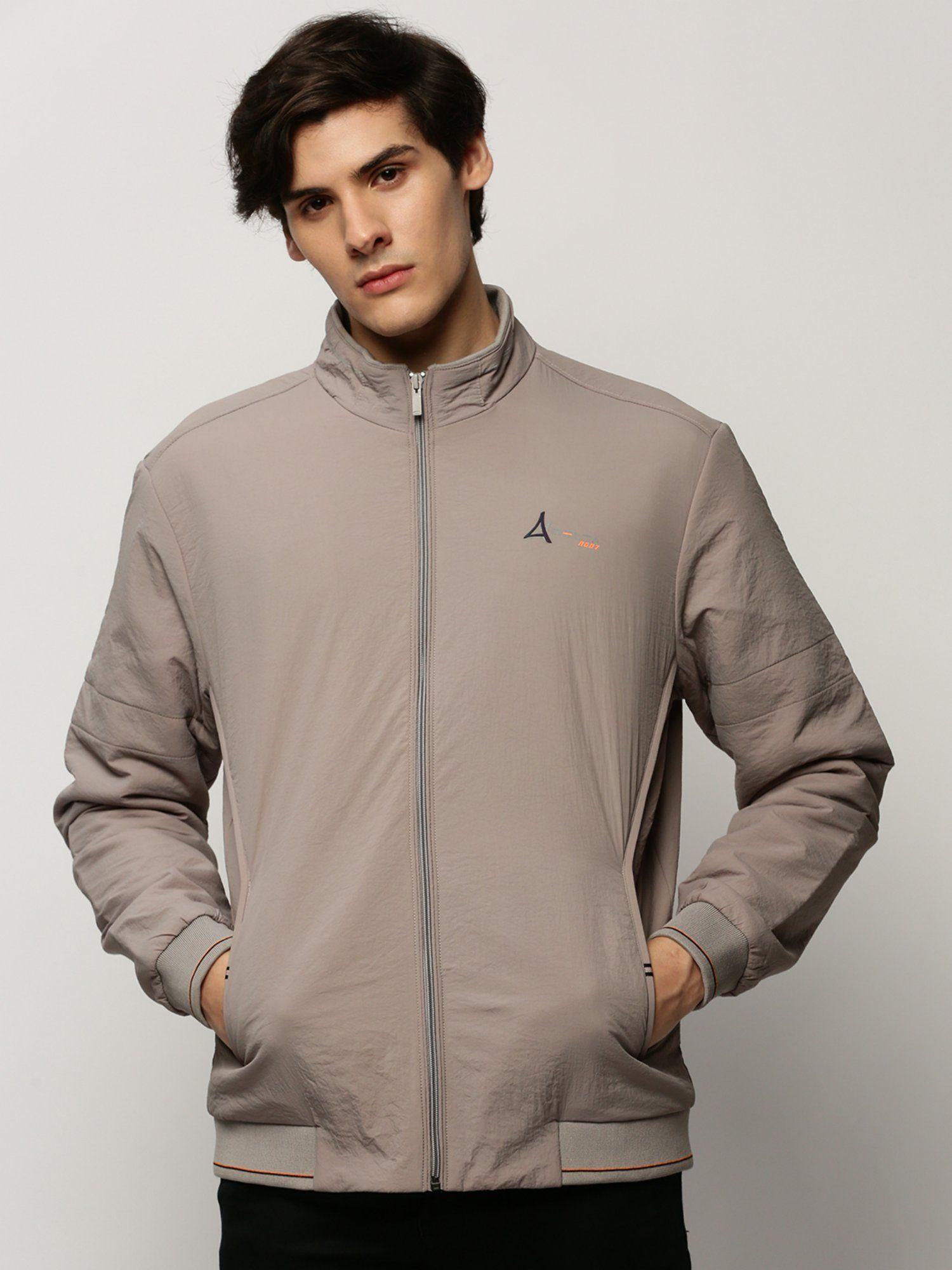 men solid mock collar grey bomber jacket