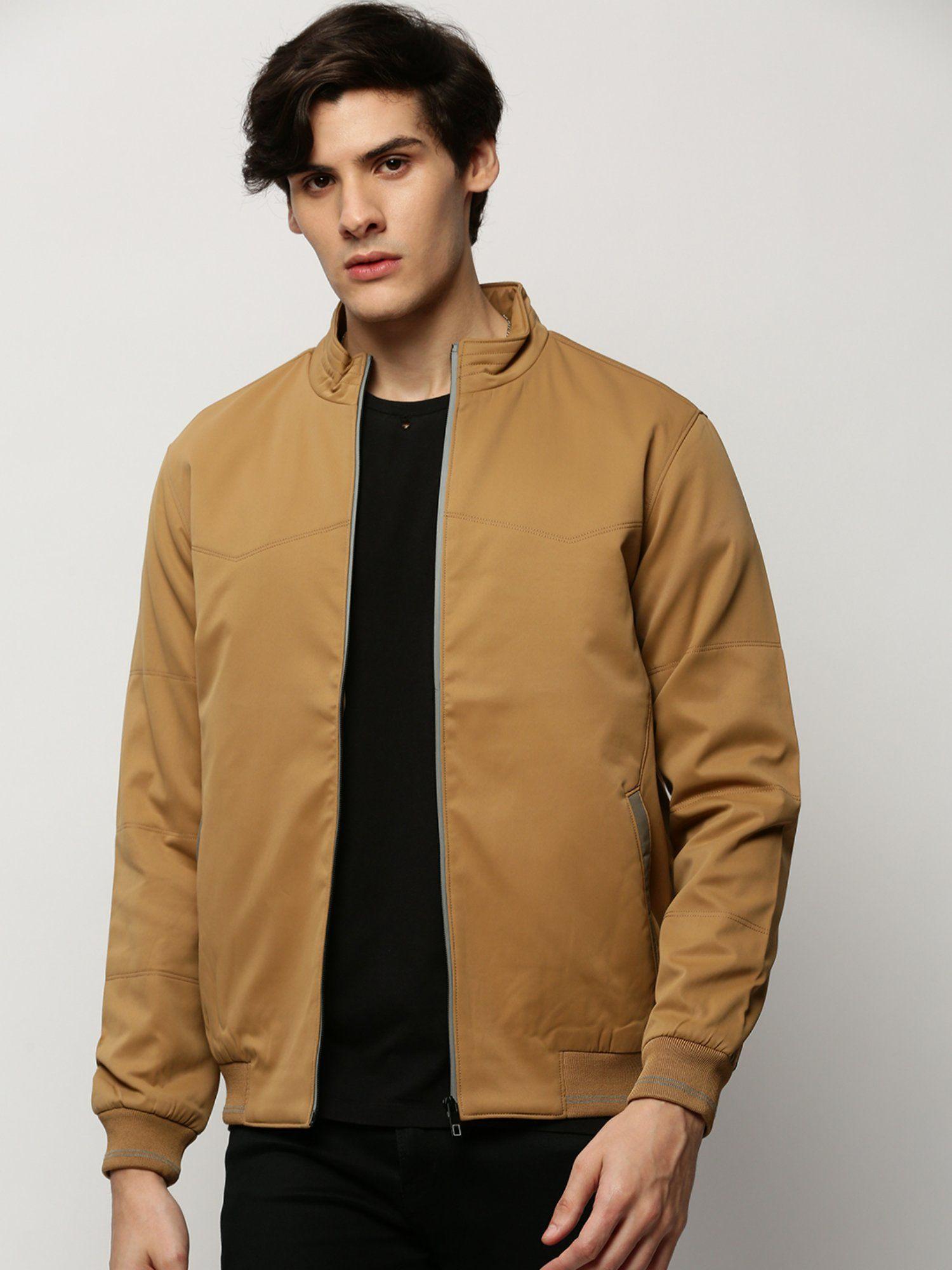 men solid mock collar khaki bomber jacket