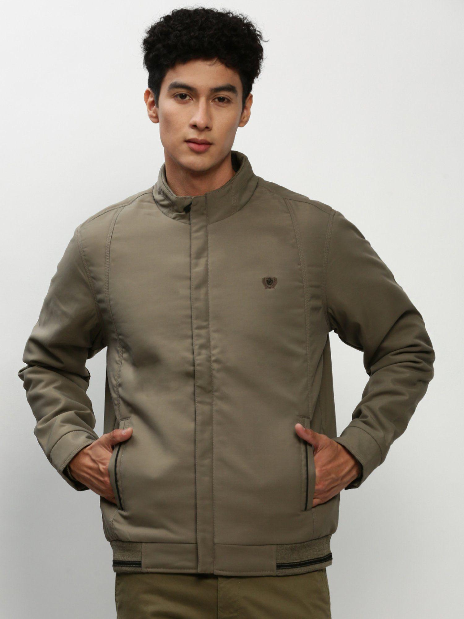 men solid mock collar khaki bomber jacket