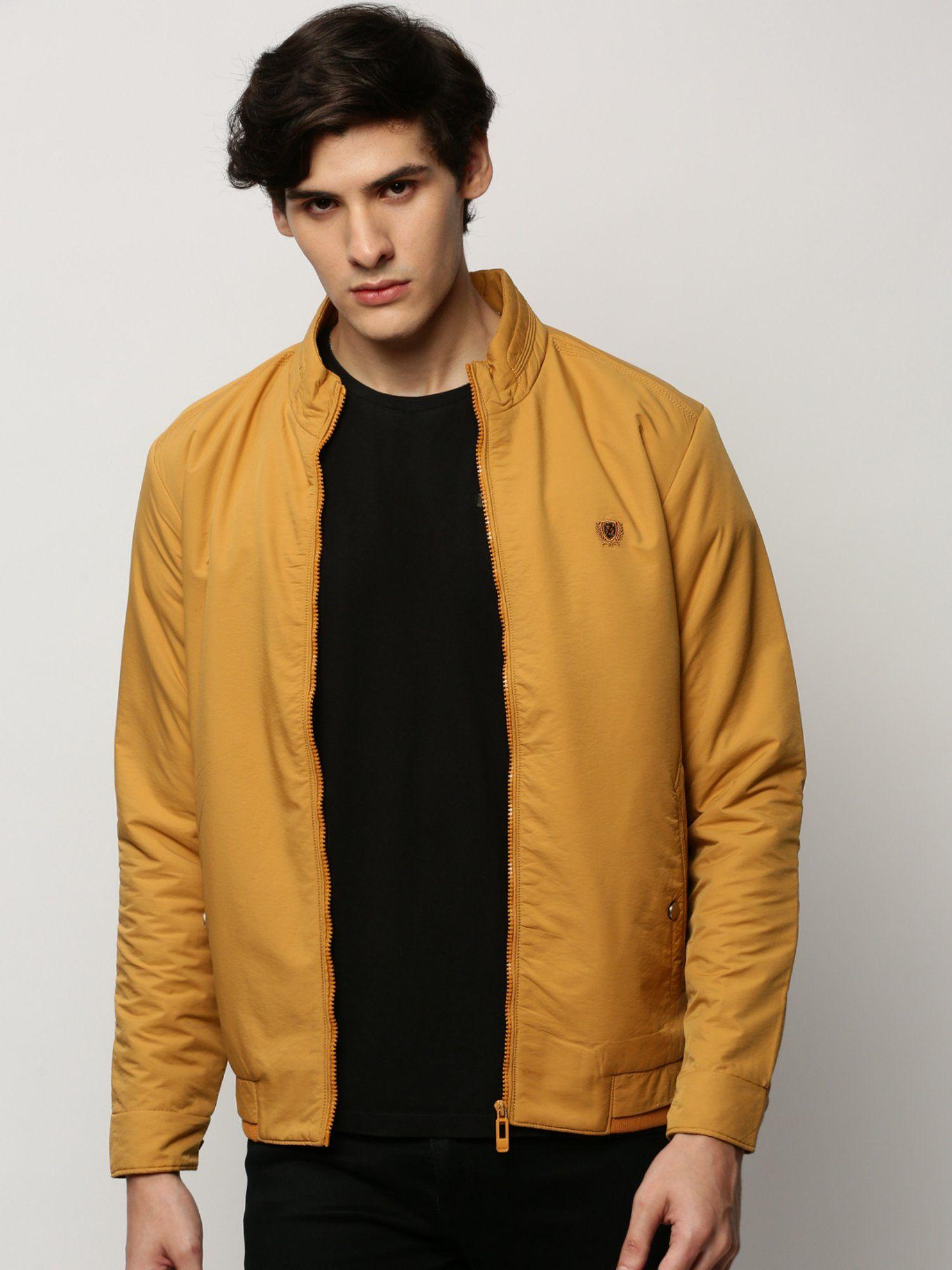 men solid mock collar mustard bomber jacket