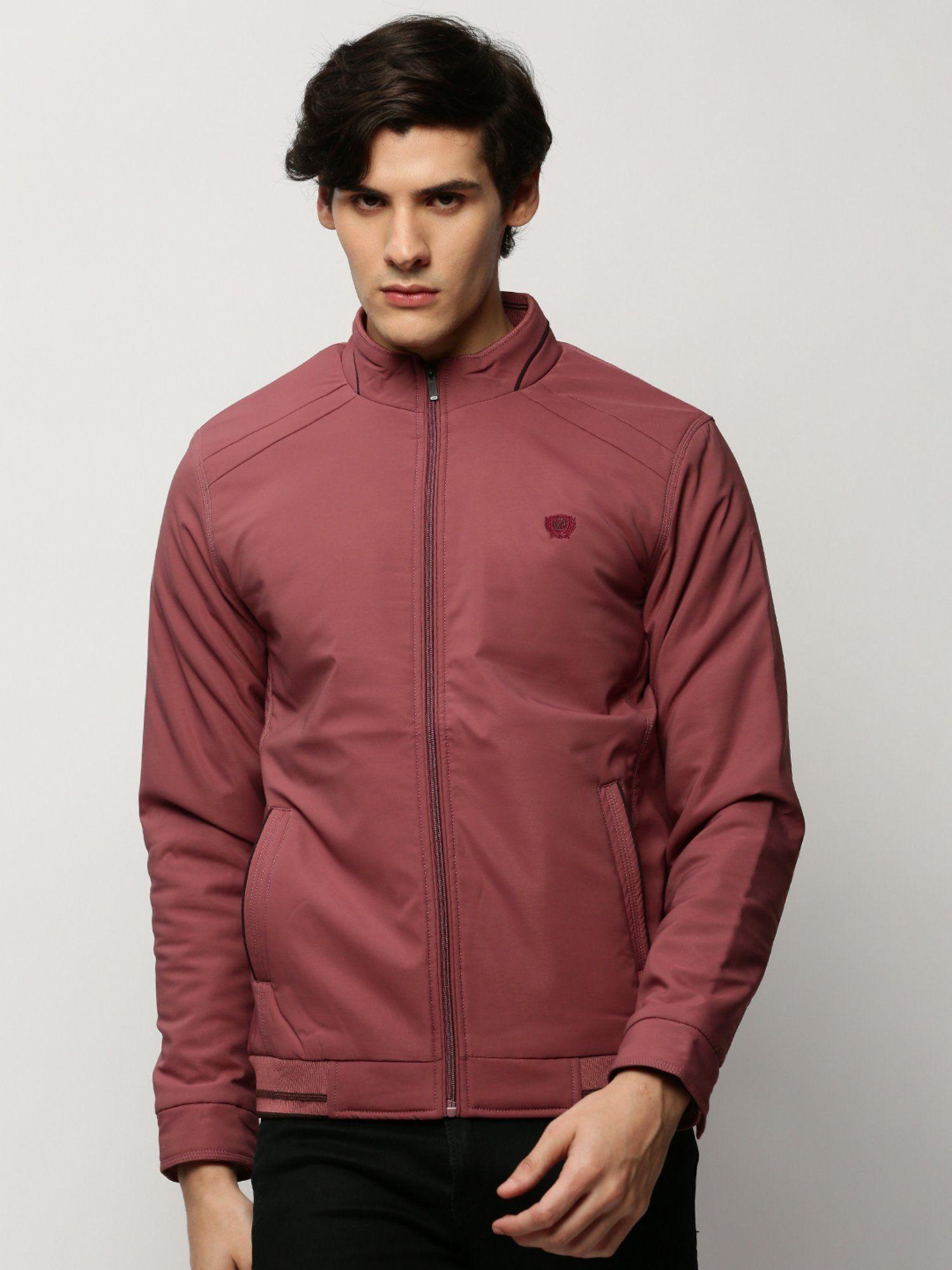 men solid mock collar pink bomber jacket