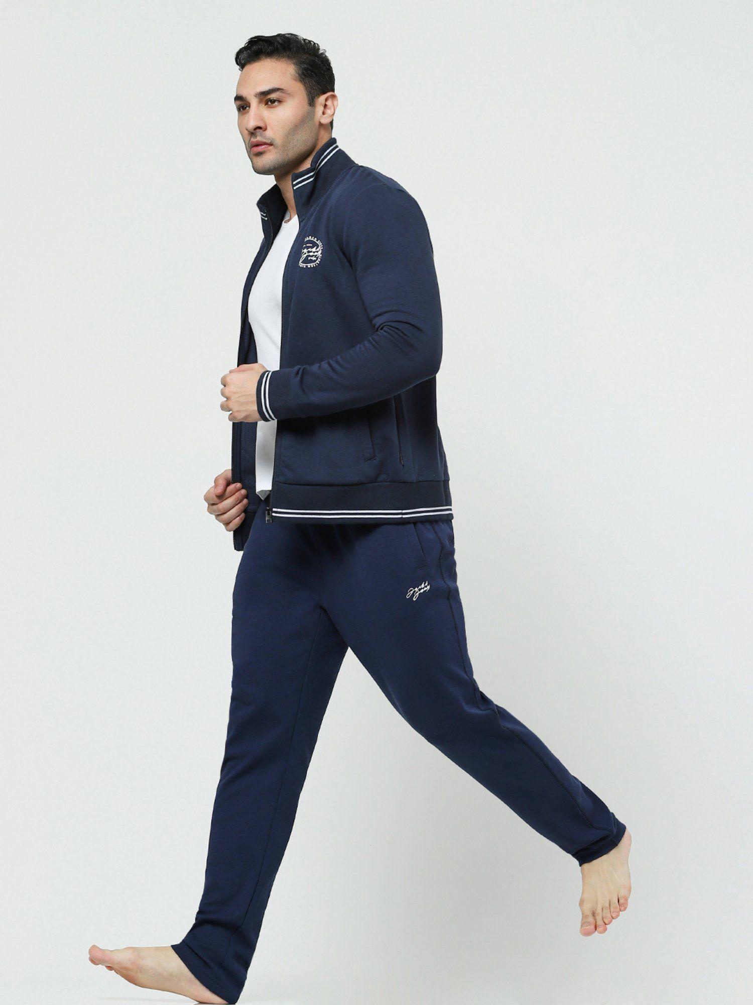 men solid navy blue trackpant