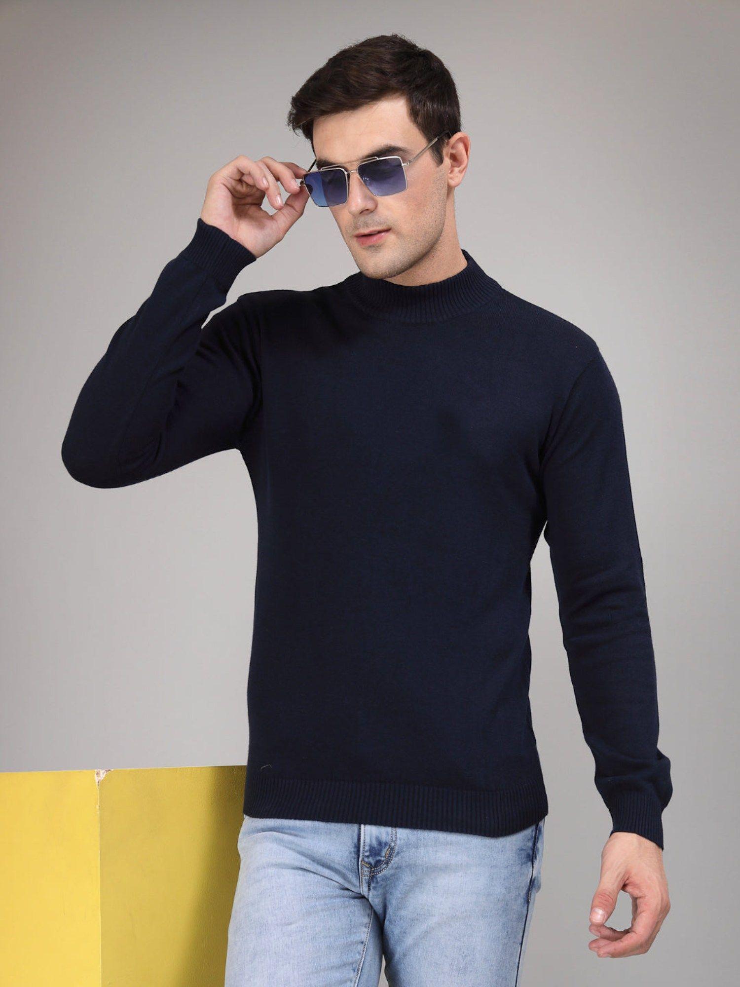 men solid navy knitted regular sweater