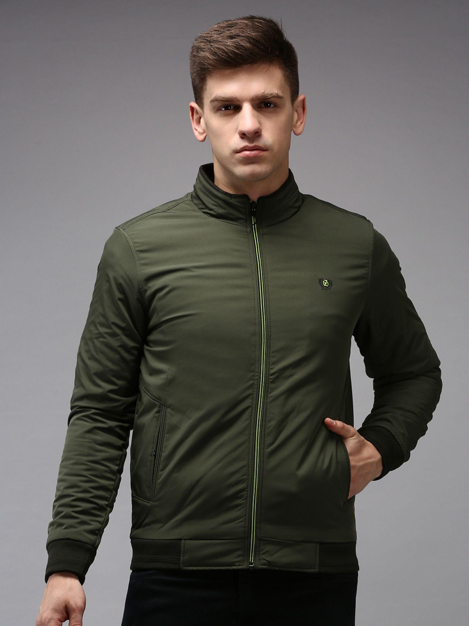 men solid olive high neck padded jacket