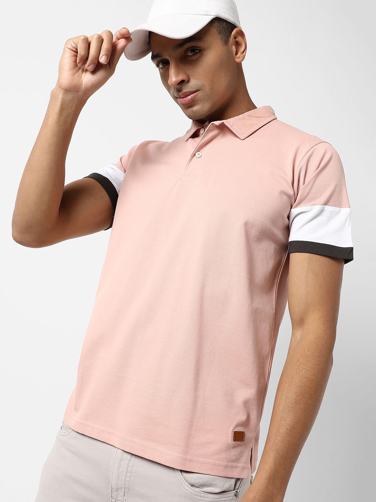 men solid peach regular fit casual t-shirt