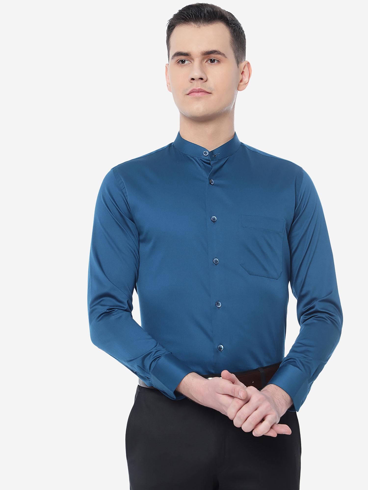 men solid peacock blue cotton slim fit formal shirt