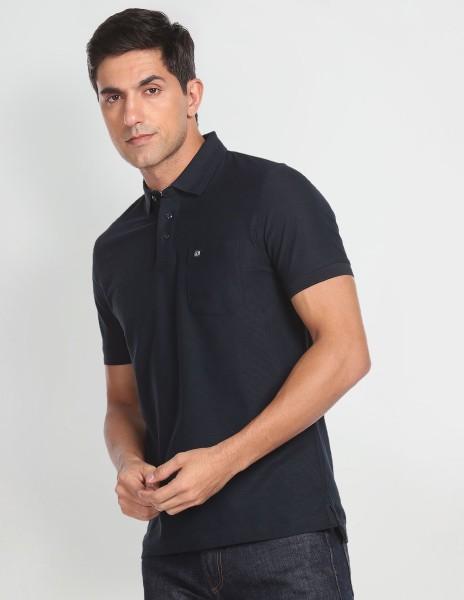 men solid polo neck cotton blend (230 gsm) blue t-shirt