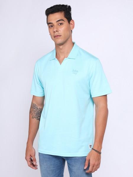 men solid polo neck cotton blend blue t-shirt