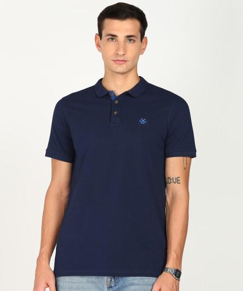 men solid polo neck cotton blend dark blue t-shirt