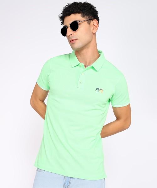 men solid polo neck cotton blend green t-shirt