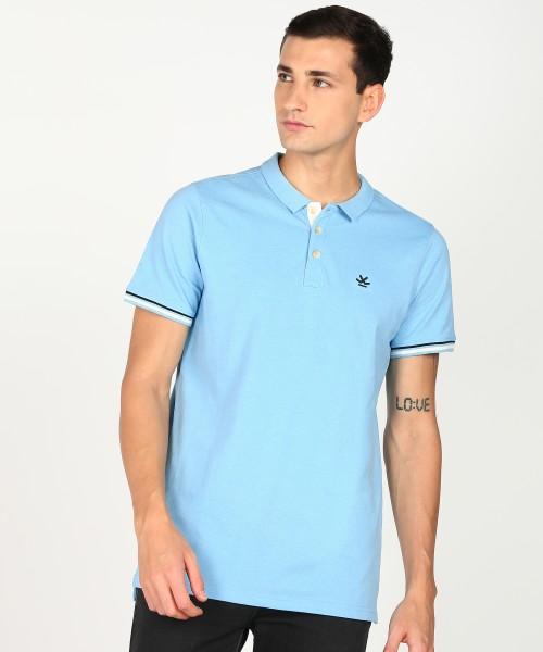 men solid polo neck cotton blend light blue t-shirt