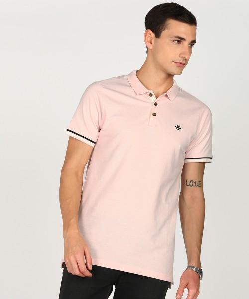 men solid polo neck cotton blend pink t-shirt