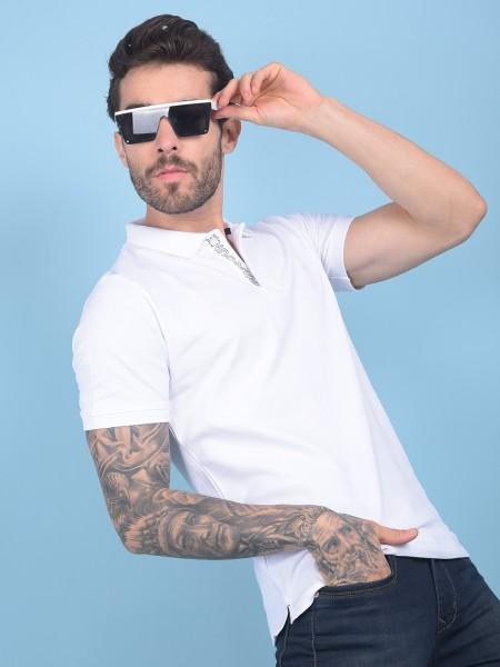 men solid polo neck cotton blend white t-shirt