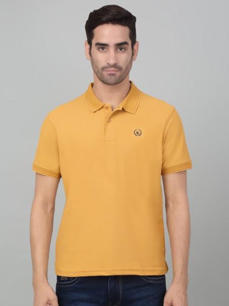 men solid polo neck polyester yellow t-shirt