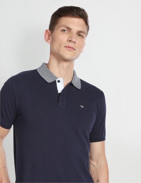 men solid polo neck pure cotton (230 gsm) blue t-shirt