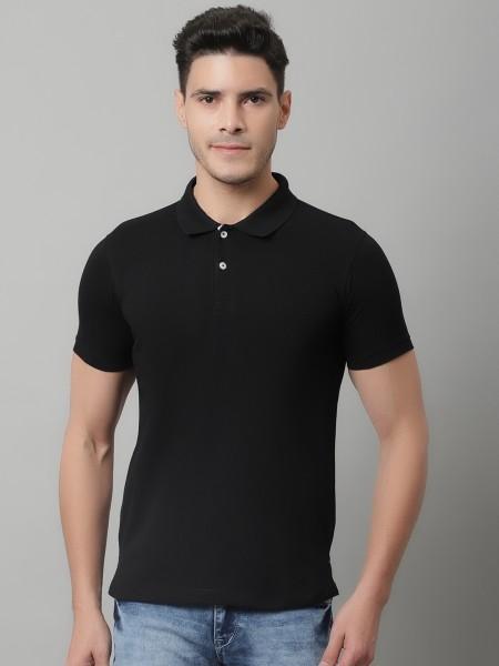 men solid polo neck pure cotton black t-shirt