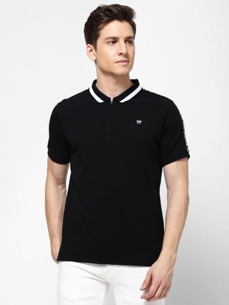 men solid polo neck pure cotton black t-shirt