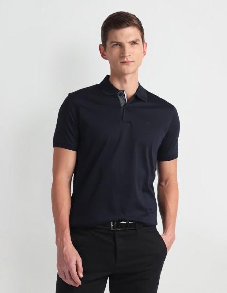 men solid polo neck pure cotton blue t-shirt