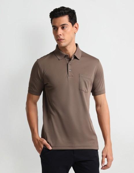 men solid polo neck pure cotton brown t-shirt