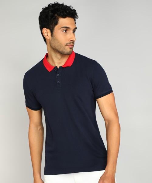 men solid polo neck pure cotton dark blue t-shirt