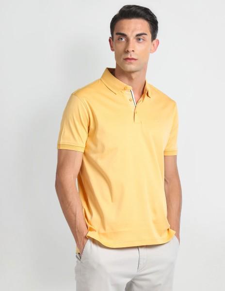 men solid polo neck pure cotton yellow t-shirt